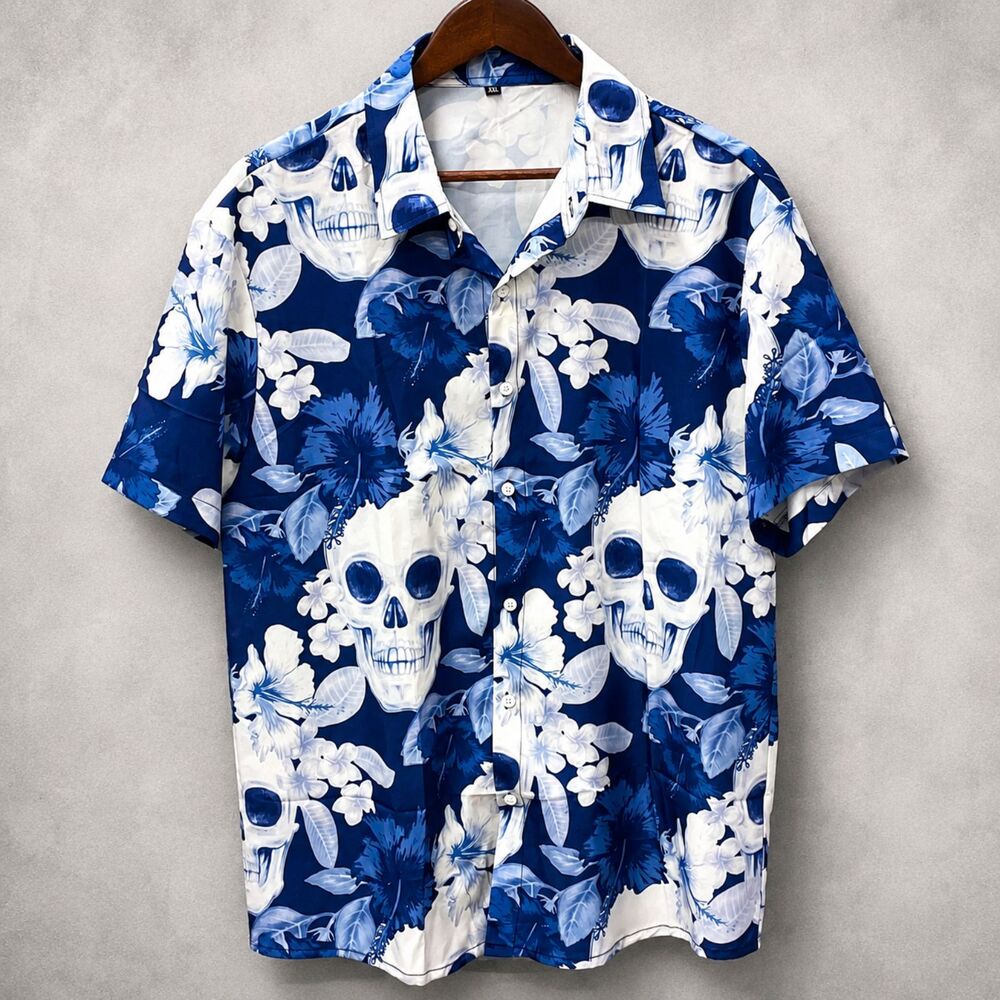Mens Skull Hawaiian Shirt XXL Blue Floral Button Up Y2K Gothic Aloha